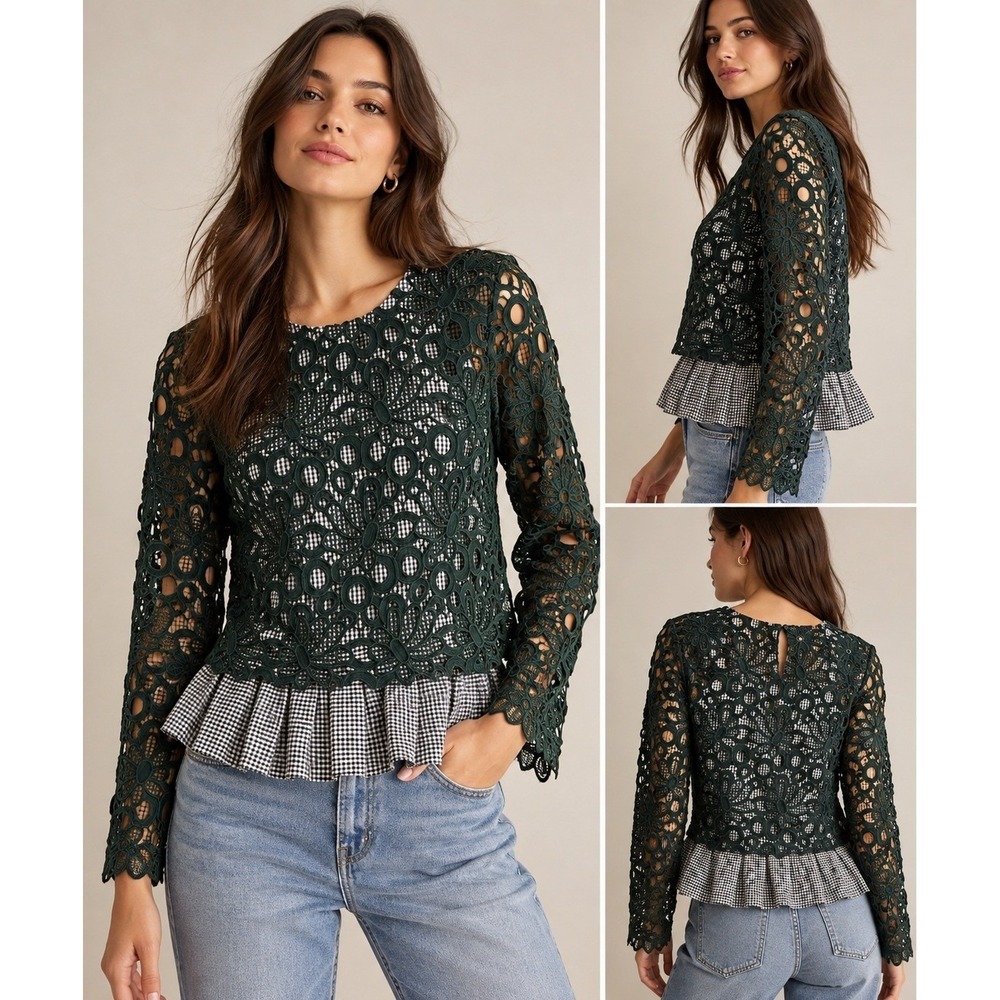 Maeve Anthropologie Green Lace Gingham Peplum Top Velvet Tie Back Small